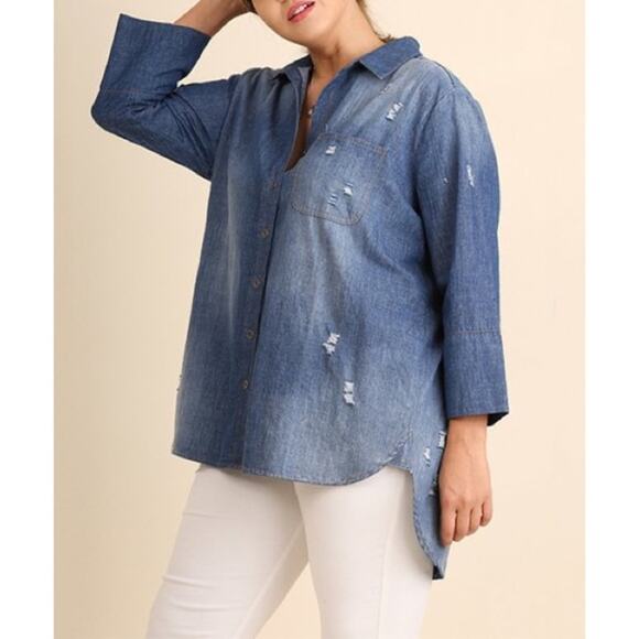 Bella Dahl Distressed Button Front Chambray Top - Picture 1 of 8